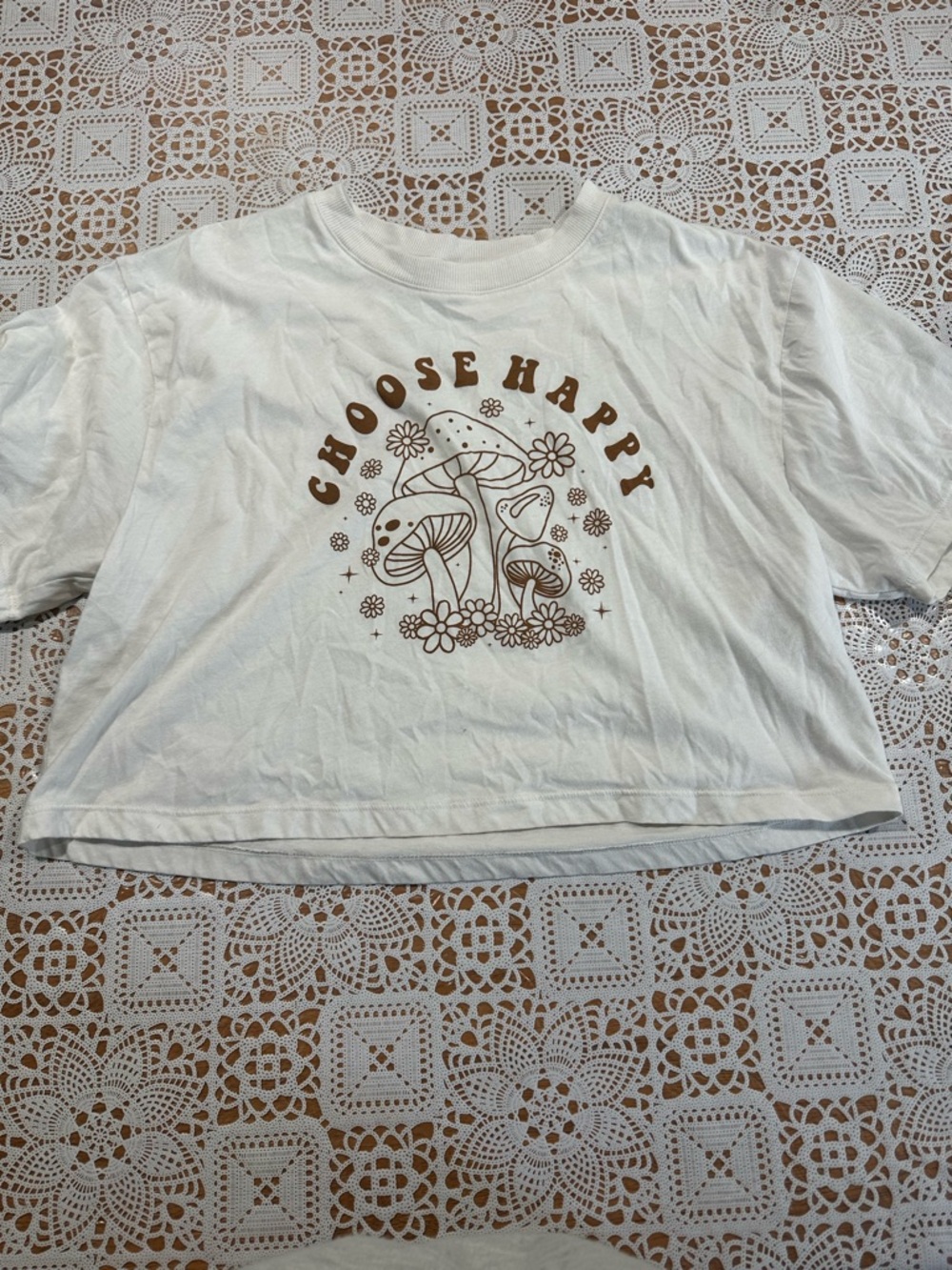 Source Unknown White Crop Top with Brown 'Choose Happy' Mushroom Graphic